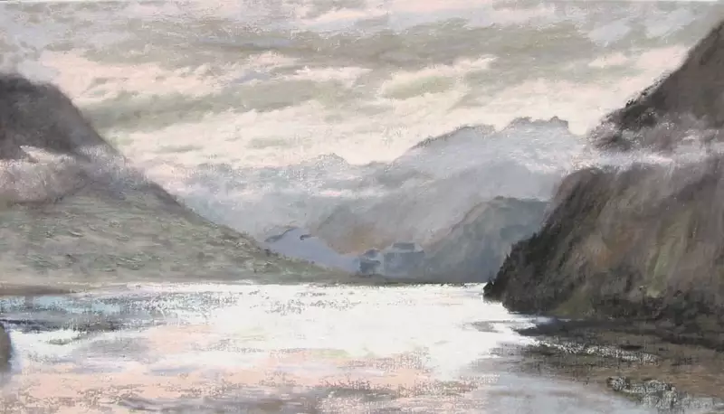 'Grand Palais, Brunnen, CH', 80 x 140 cm. Ölfarbe auf Leinen. Verkauft