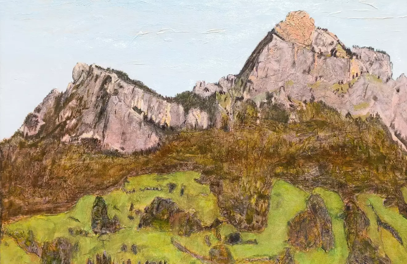 'Mythen, Schwyz', 100 x 120 cm, olieverf op linnen